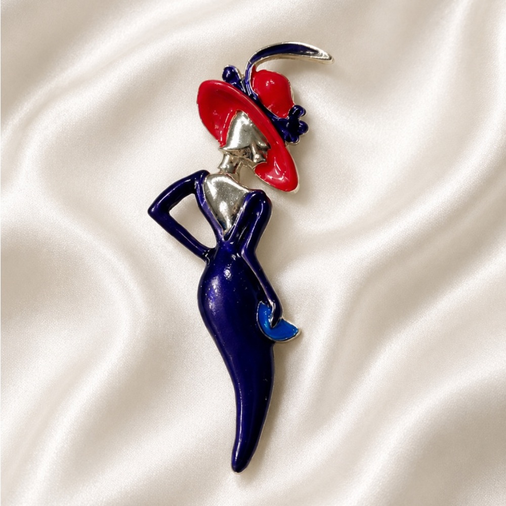 Elegant Woman Silhouette Enamel Brooch - Red Hat & Navy Dress